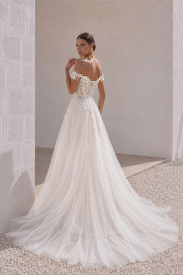 A-Line Sweep-Brush Train Lace Tulle Wedding Dress CW3101 - 25 Days / As Picture:Ivory/Nude / US0-UK2-EUR30 - COCOMELODY