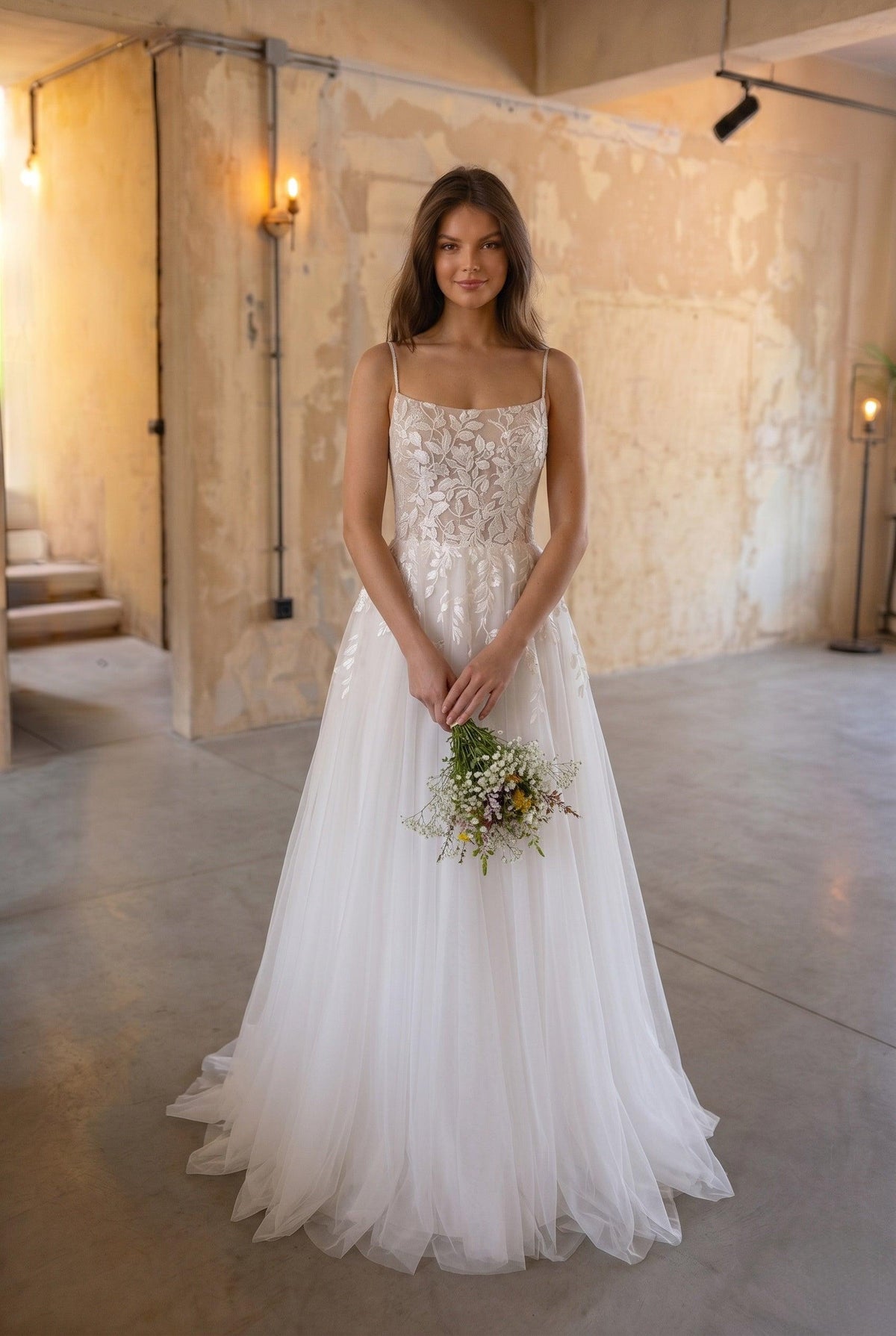 A-Line Sweep-Brush Train Lace Tulle Wedding Dress CW3103 - 20 Days / As Picture:Ivory/Nude / US0-UK2-EUR30 - COCOMELODY
