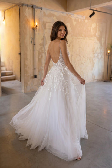 A-Line Sweep-Brush Train Lace Tulle Wedding Dress CW3103 - 20 Days / As Picture:Ivory/Nude / US0-UK2-EUR30 - COCOMELODY