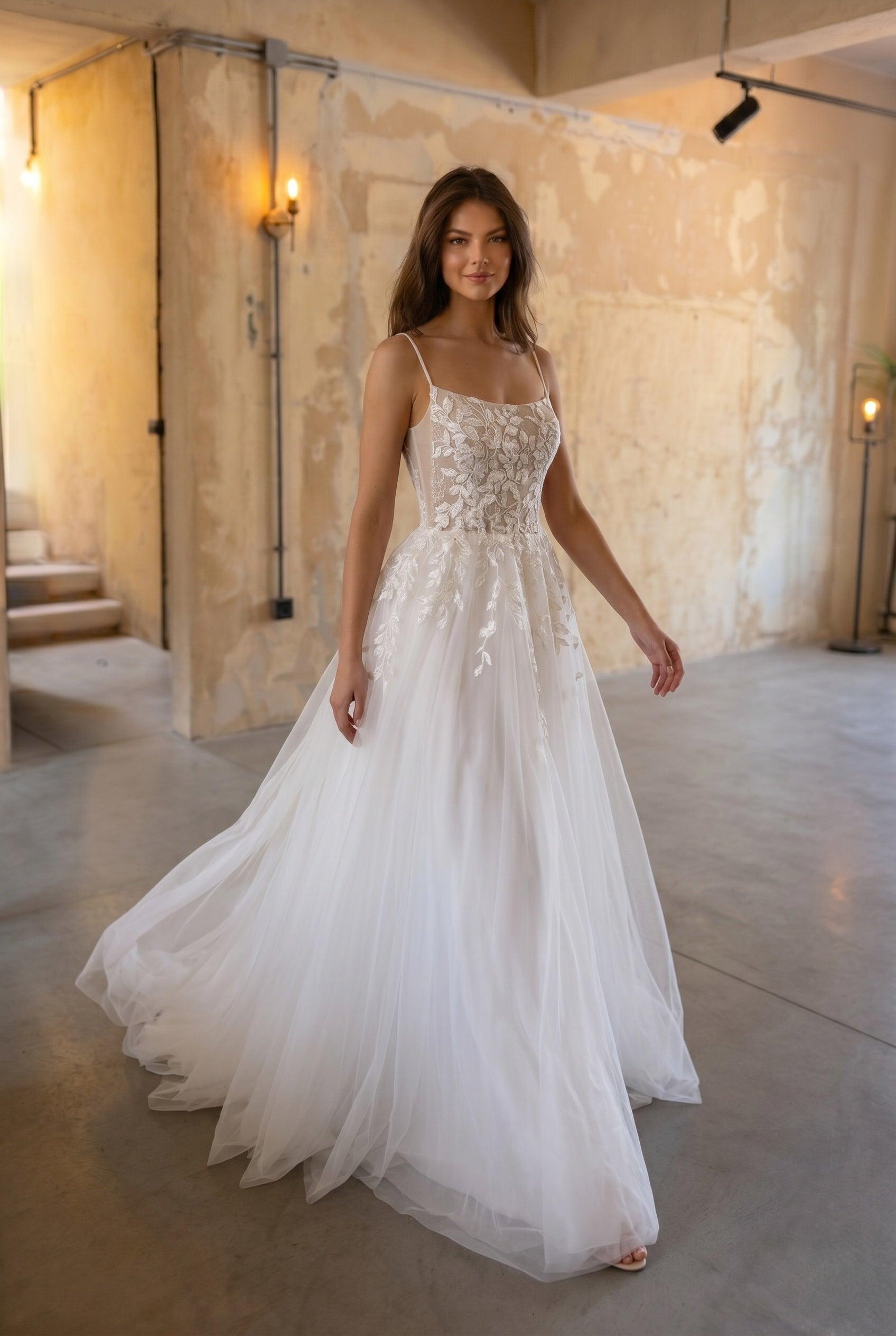 A-Line Sweep-Brush Train Lace Tulle Wedding Dress CW3103 - 20 Days / As Picture:Ivory/Nude / US0-UK2-EUR30 - COCOMELODY