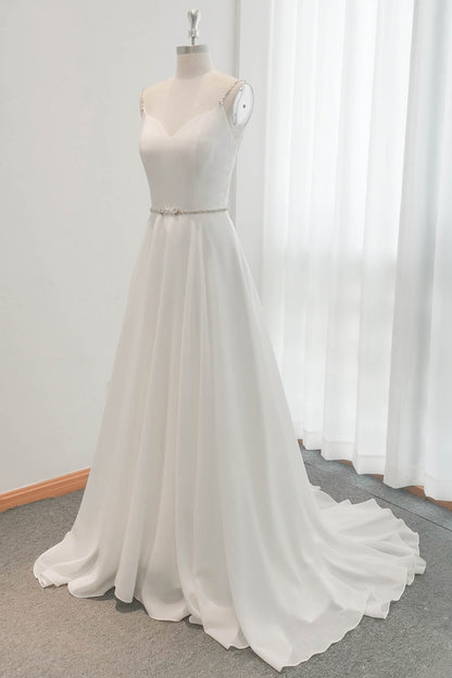 A-Line Sweep-Brush Train Satin Chiffon Wedding Dress CW3106