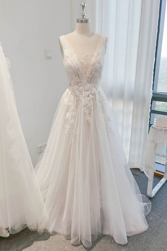A-Line Sweep-Brush Train Lace Tulle Wedding Dress CW3107