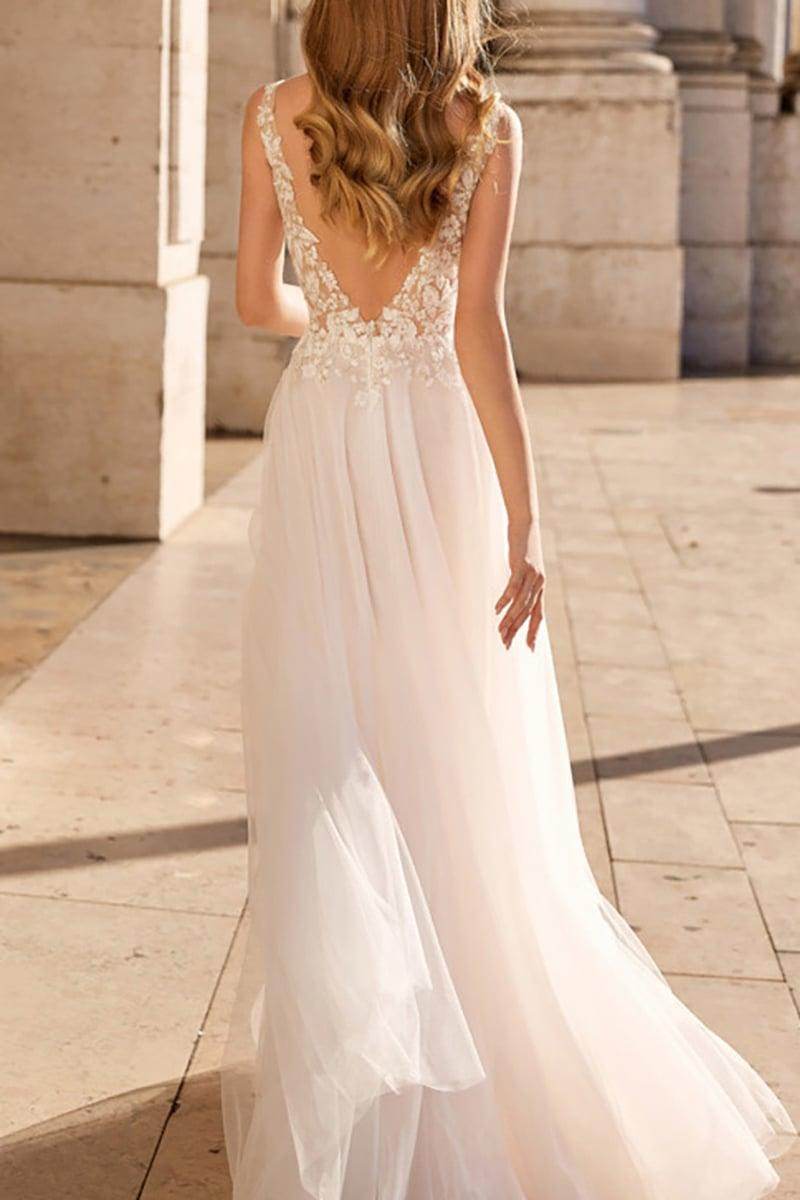 A-Line Sweep-Brush Train Lace Tulle Wedding Dress CW3108 - COCOMELODY