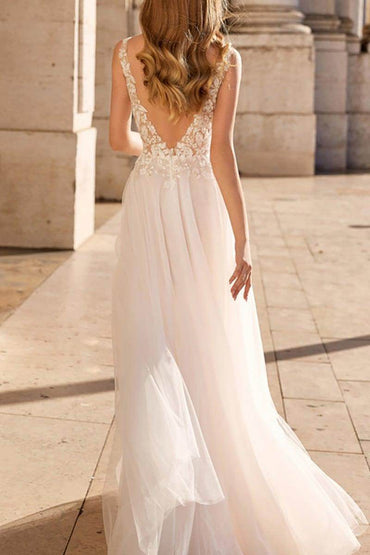 A-Line Sweep-Brush Train Lace Tulle Wedding Dress CW3108 - COCOMELODY