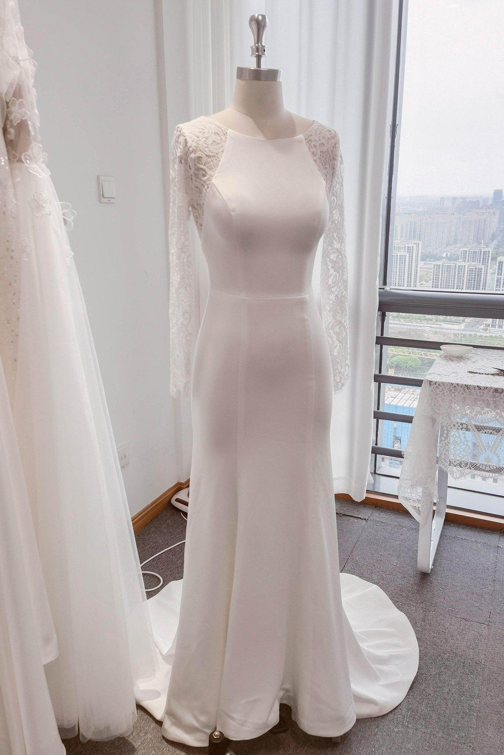 Trumpet Bateau Sweep-Brush Train Lace Satin Long Sleeve Wedding Dress CW3110CR Trumpet Bateau Sweep-Brush Train Lace Satin Long Sleeve Wedding Dress CW3110CR