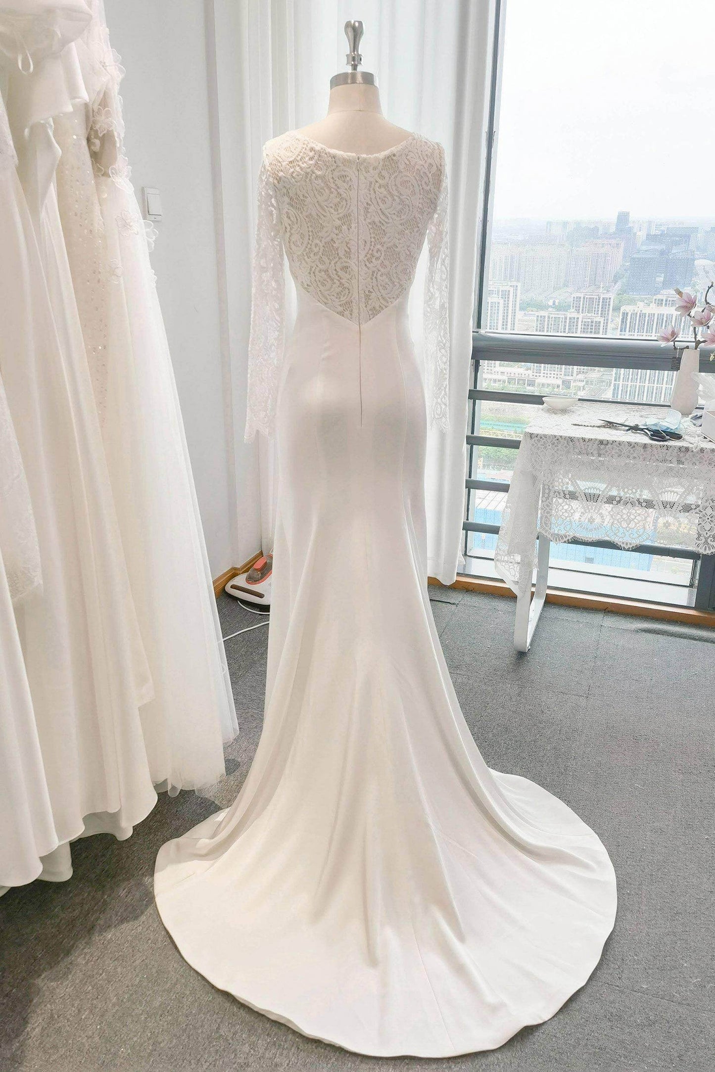 Trumpet Sweep-Brush Train Lace Satin Wedding Dress CW3110CR - COCOMELODY