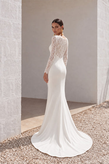 Trumpet Sweep-Brush Train Lace Satin Wedding Dress CW3110