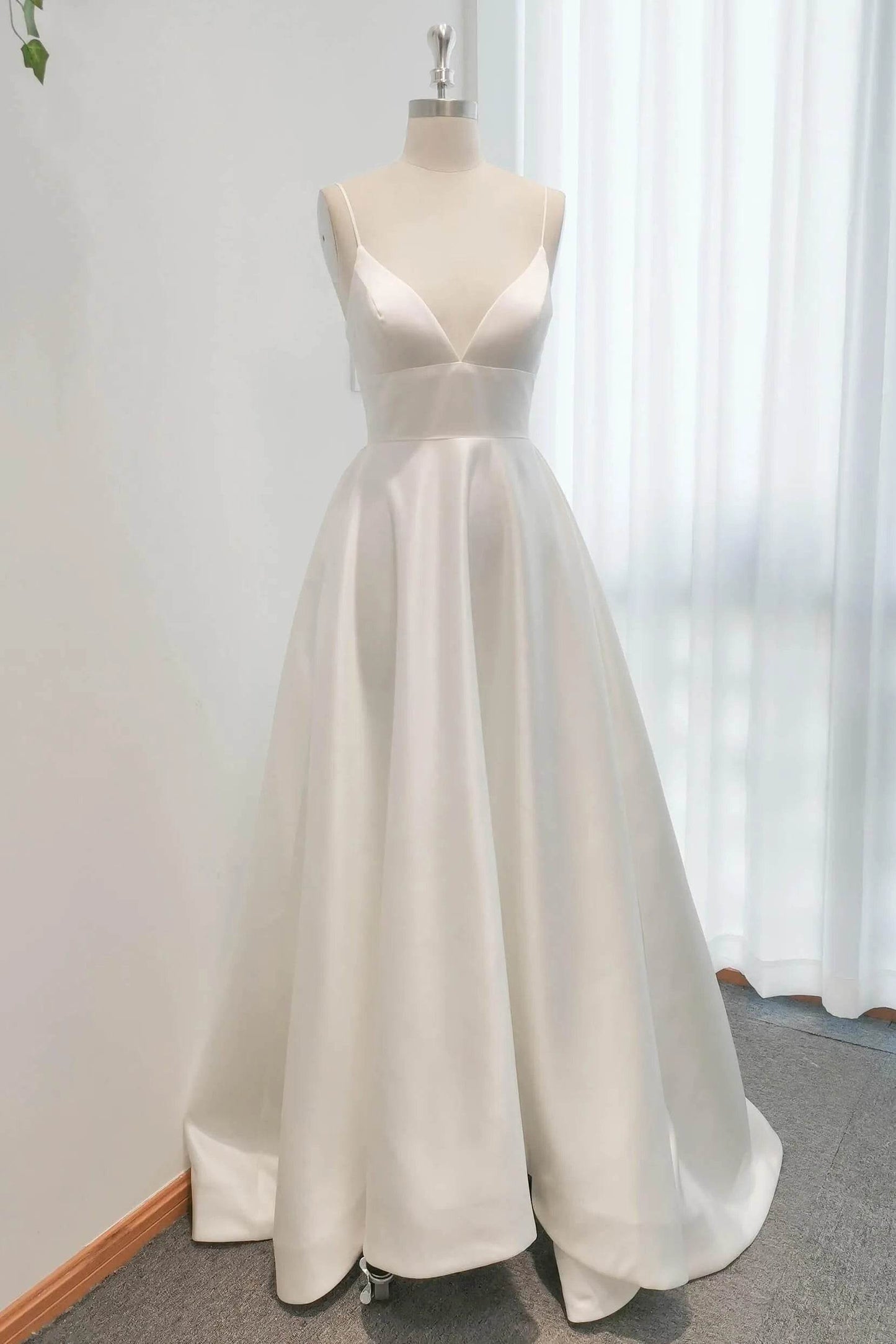 A-Line Sweep-Brush Train Satin Wedding Dress CW3112 - COCOMELODY