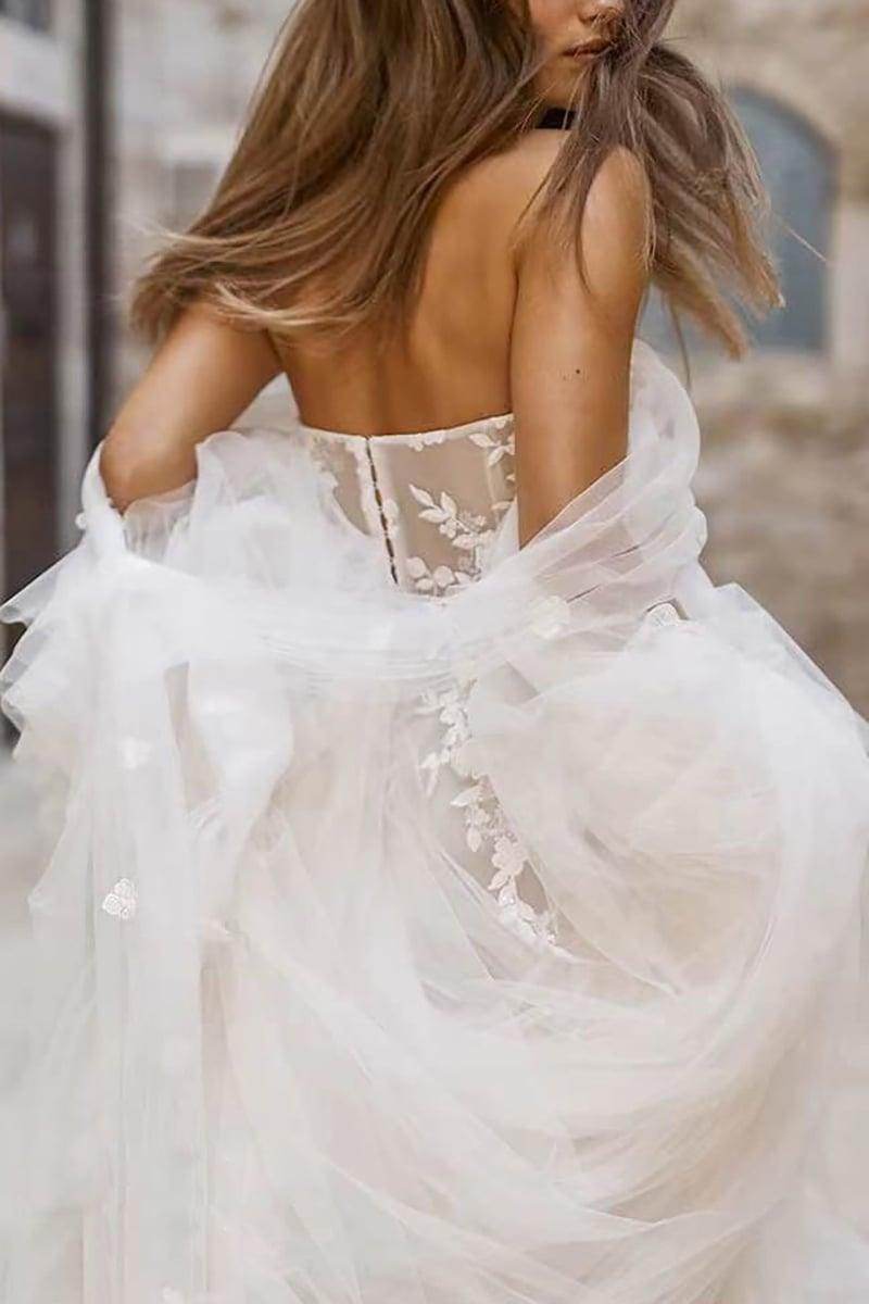 A-Line Sweep-Brush Train Lace Tulle Wedding Dress CW3113 - COCOMELODY