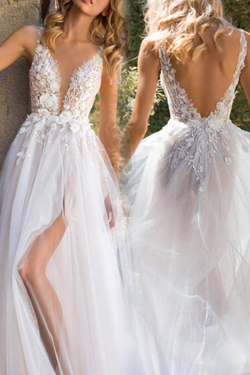 A-Line Sweep-Brush Train Lace Tulle Wedding Dress CW3115 - COCOMELODY