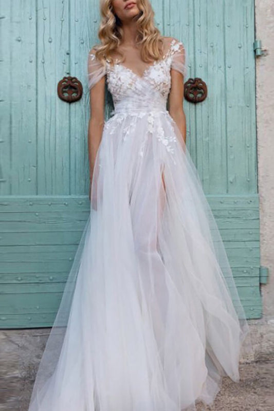 A-Line Sweep-Brush Train Lace Tulle Wedding Dress CW3118