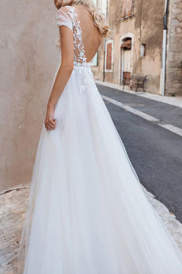 A-Line Sweep-Brush Train Lace Tulle Wedding Dress CW3118