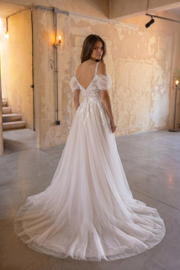 A-Line Chapel Train Lace Tulle Wedding Dress CW3127 - 45 Days / As Picture:Ivory/Sand / US0-UK2-EUR30 - COCOMELODY