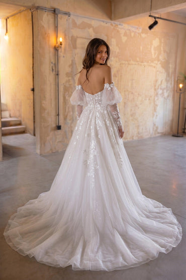 A-Line Chapel Train Lace Tulle Wedding Dress CW3128 - 45 Days / As Picture:Ivory/Sand / US0-UK2-EUR30 - COCOMELODY