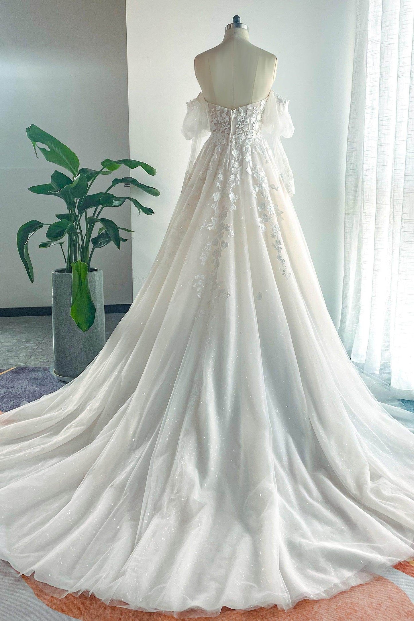 A-Line Chapel Train Lace Tulle Wedding Dress CW3128 - COCOMELODY