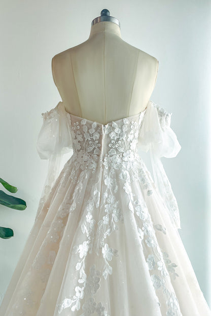 A-Line Chapel Train Lace Tulle Wedding Dress CW3128