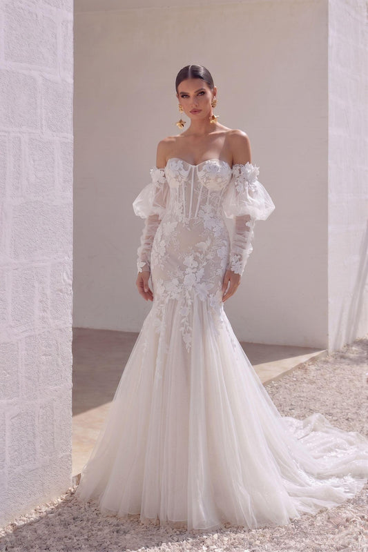 Trumpet-Mermaid Chapel Train Lace Tulle Wedding Dress CW3133