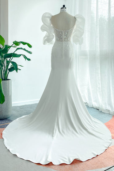 Trumpet-Mermaid Court Train Lace Stretch Satin Wedding Dress CW3137