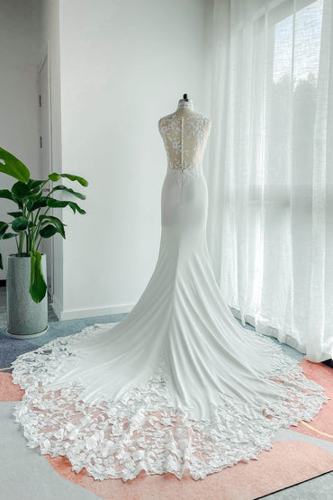 Trumpet-Mermaid Court Train Lace Stretch Satin Wedding Dress CW3138 - COCOMELODY