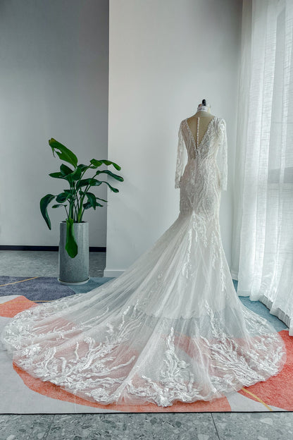 Trumpet-Mermaid Chapel Train Lace Tulle Wedding Dress CW3141