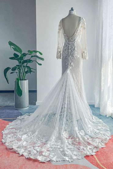 Trumpet-Mermaid Court Train Lace Tulle Wedding Dress CW3143 - COCOMELODY