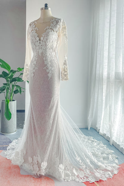 Trumpet-Mermaid Court Train Lace Tulle Wedding Dress CW3143