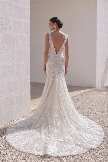Trumpet-Mermaid Court Train Lace Tulle Wedding Dress CW3144 - 45 Days / As Picture:Ivory/Nude / US0-UK2-EUR30 - COCOMELODY
