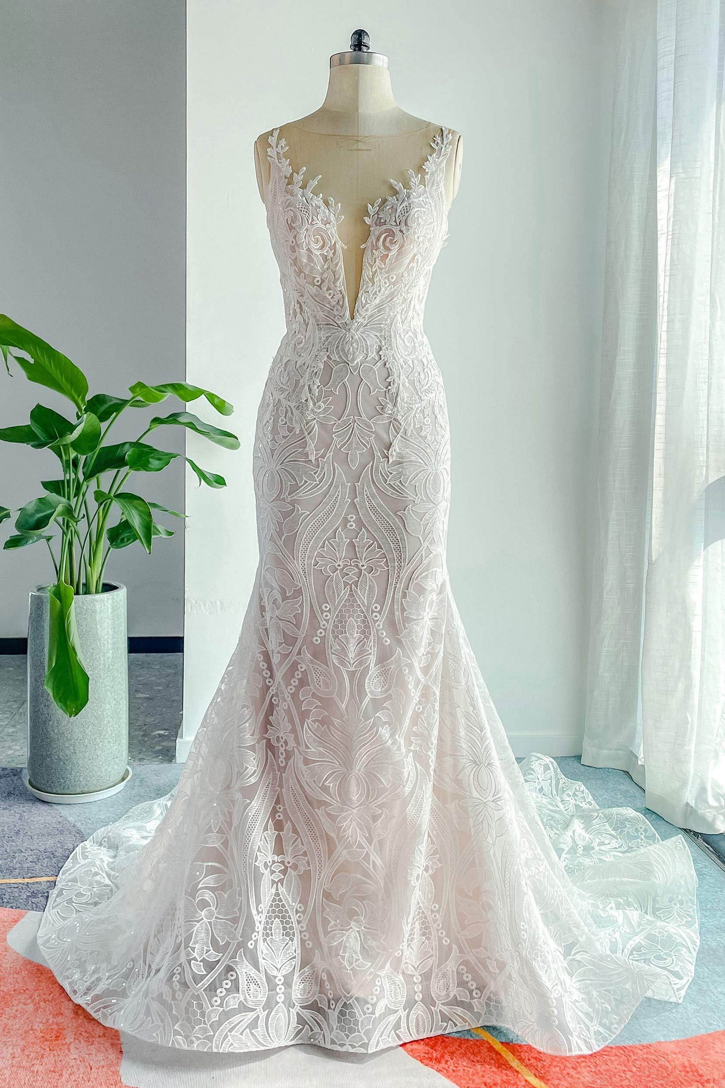 Trumpet-Mermaid Chapel Train Lace Tulle Wedding Dress CW3145 - COCOMELODY