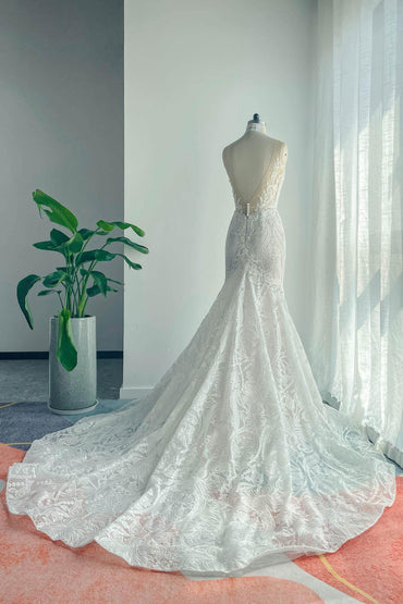 Trumpet-Mermaid Chapel Train Lace Tulle Wedding Dress CW3145 - COCOMELODY