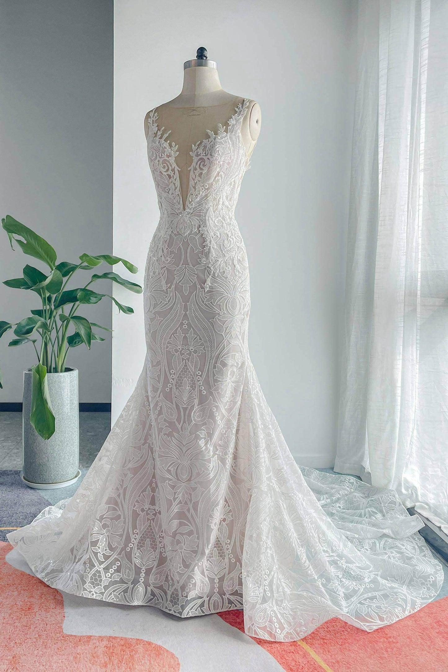 Trumpet-Mermaid Chapel Train Lace Tulle Wedding Dress CW3145 - COCOMELODY