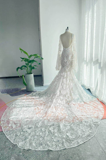 Trumpet-Mermaid Chapel Train Lace Tulle Wedding Dress CW3146 - COCOMELODY