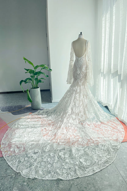 Trumpet-Mermaid Chapel Train Lace Tulle Wedding Dress CW3146