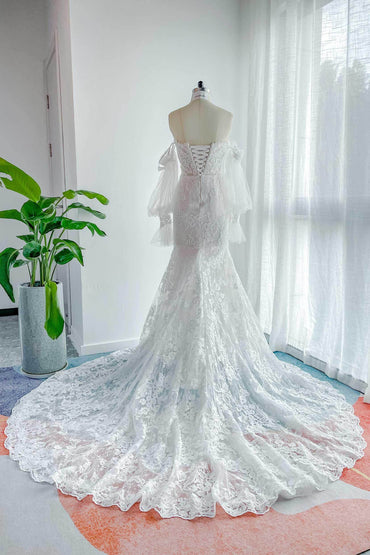 Trumpet-Mermaid Court Train Lace Tulle Wedding Dress CW3148 - COCOMELODY