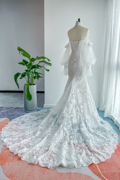 Trumpet-Mermaid Court Train Lace Tulle Wedding Dress CW3148