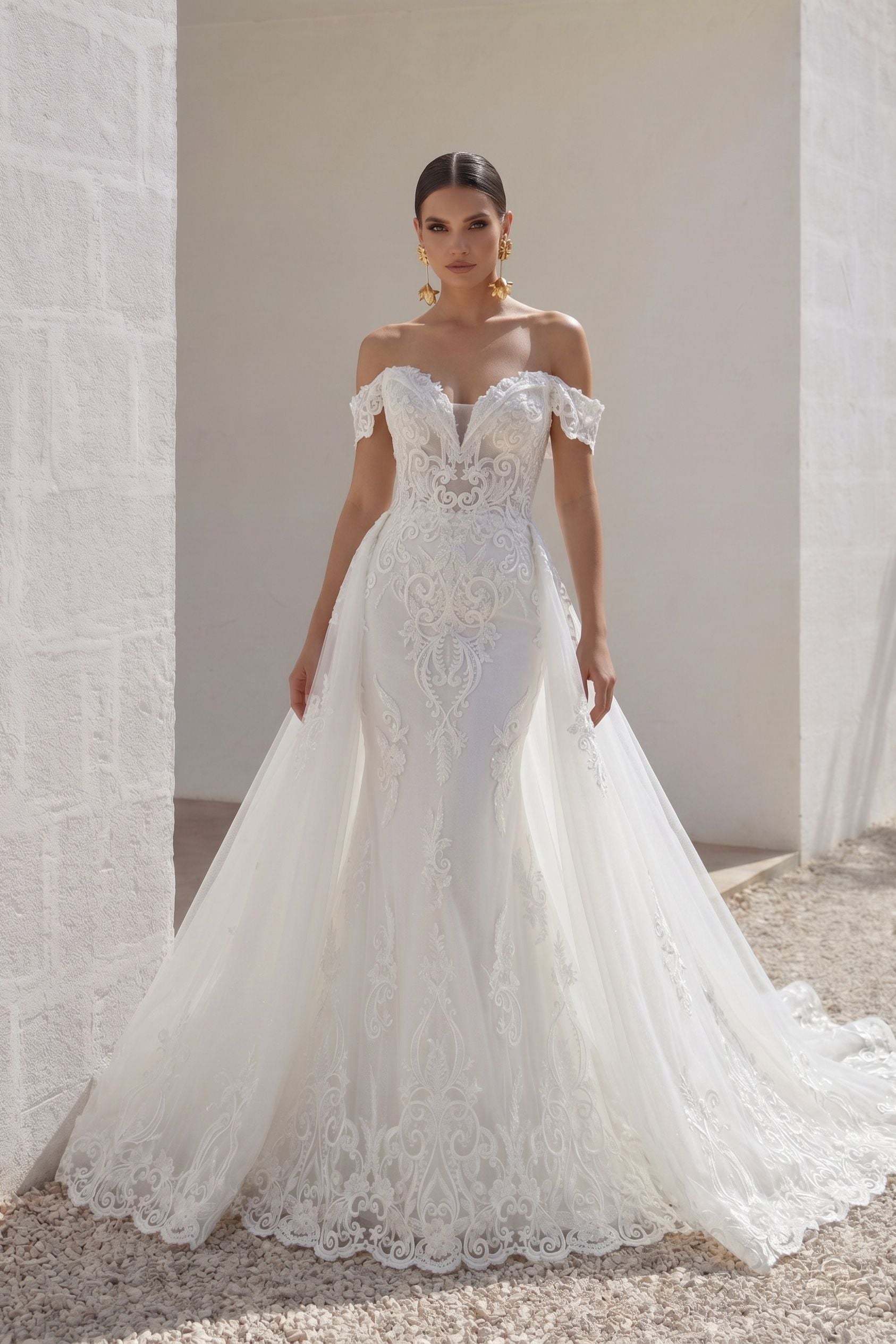 tulle mermaid wedding dress by Cinderella Divine CDS401 champagne color! Lace Ruffled Tulle Corset Mermaid