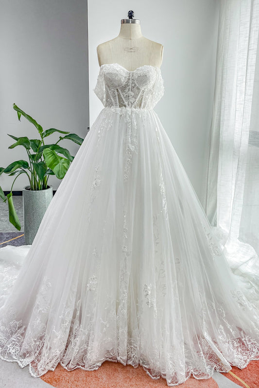 A-Line Cathedral Train Lace Tulle Wedding Dress CW3150