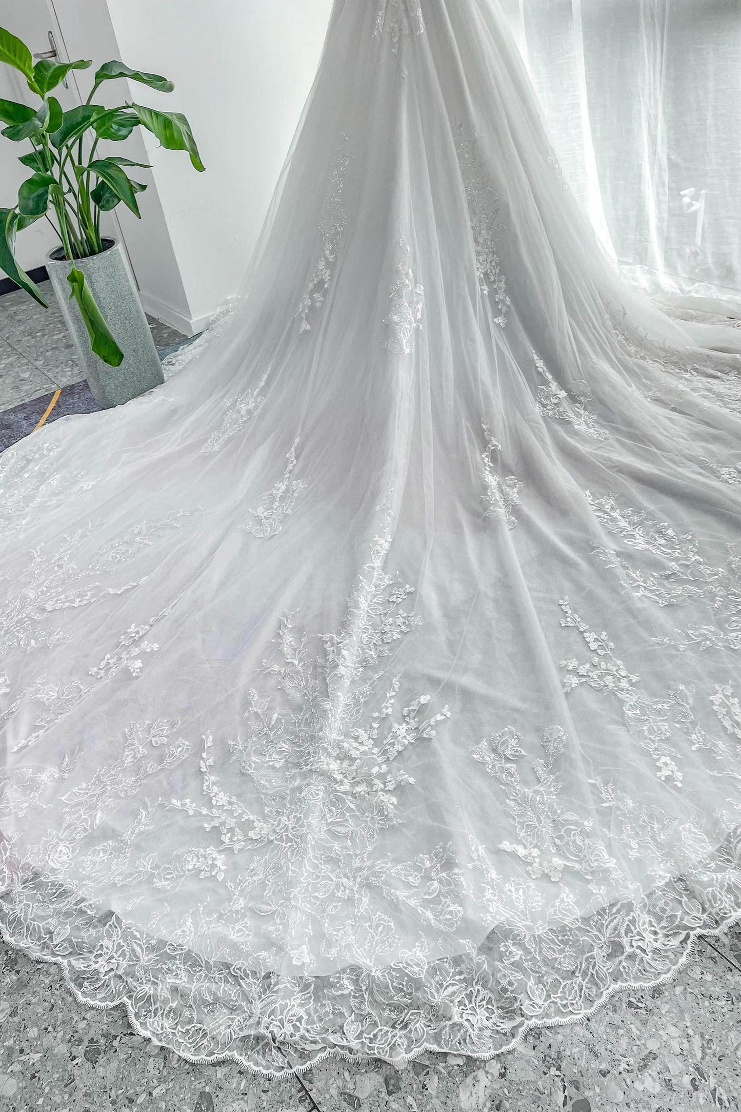 A-Line Cathedral Train Lace Tulle Wedding Dress CW3150 - COCOMELODY