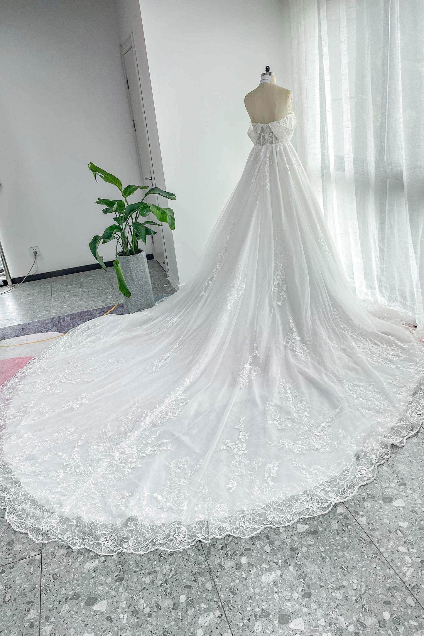 A-Line Cathedral Train Lace Tulle Wedding Dress CW3150 - COCOMELODY