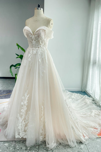A-Line Court Train Lace Tulle Wedding Dress CW3151