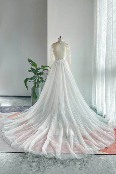 Trumpet-Mermaid Chapel Train Lace Tulle Wedding Dress CW3152 - COCOMELODY