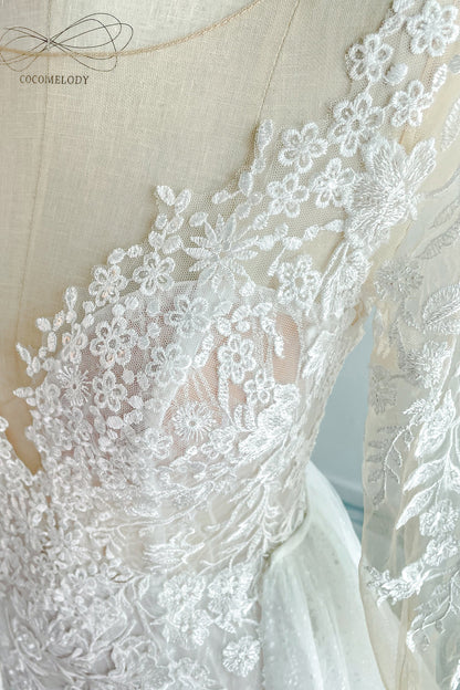 Trumpet-Mermaid Chapel Train Lace Tulle Wedding Dress CW3152
