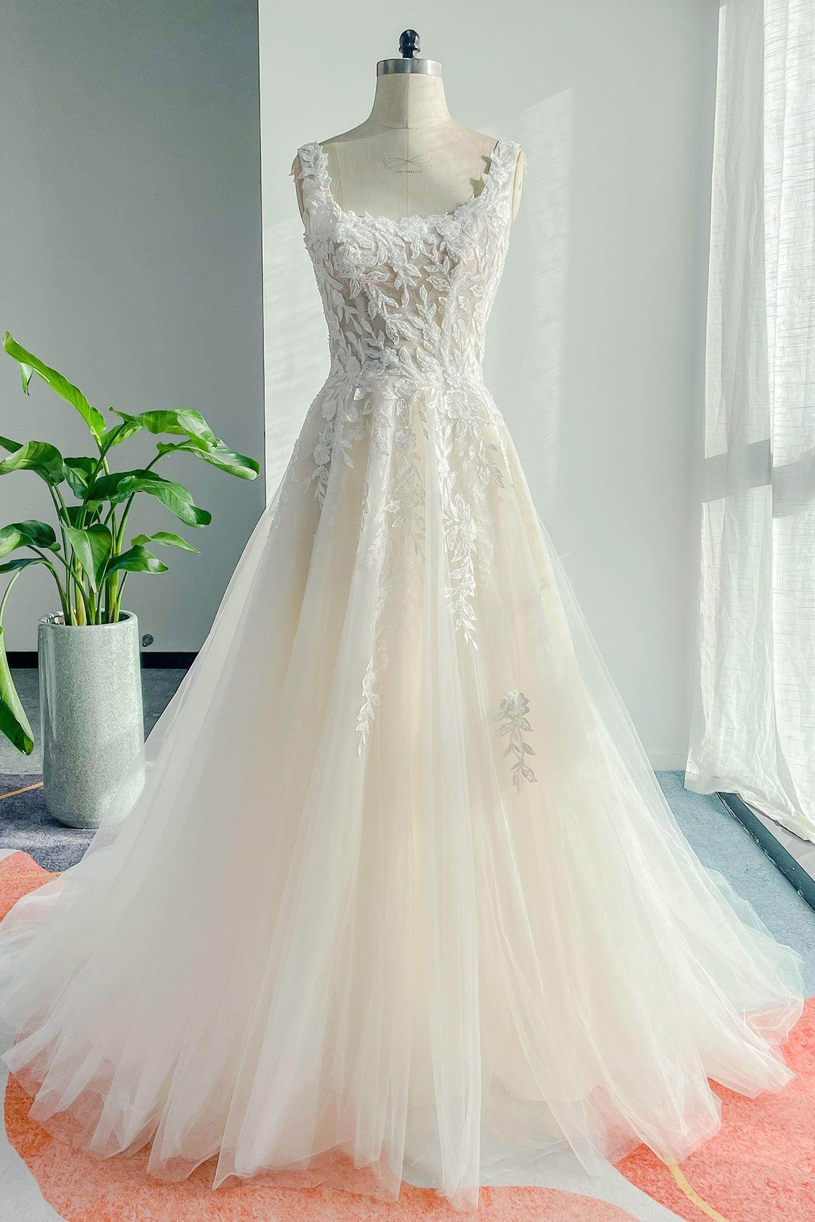 A-Line Square Natural Court Train Lace Tulle Wedding Dress COCOMELODY CW3153, 45 Days / As Picture:Ivory/Nude / US16-UK18-EUR46 A-Line Square Natural Court Train Lace Tulle Wedding Dress COCOMELODY CW3153, 45 Days / As Picture:Ivory/Nude / US16-UK18-EUR46