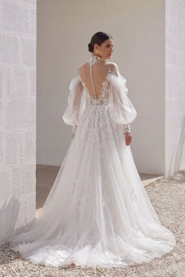 A-Line Court Train Lace Tulle Wedding Dress CW3156