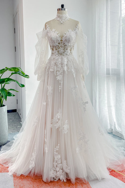 A-Line Court Train Lace Tulle Wedding Dress CW3156