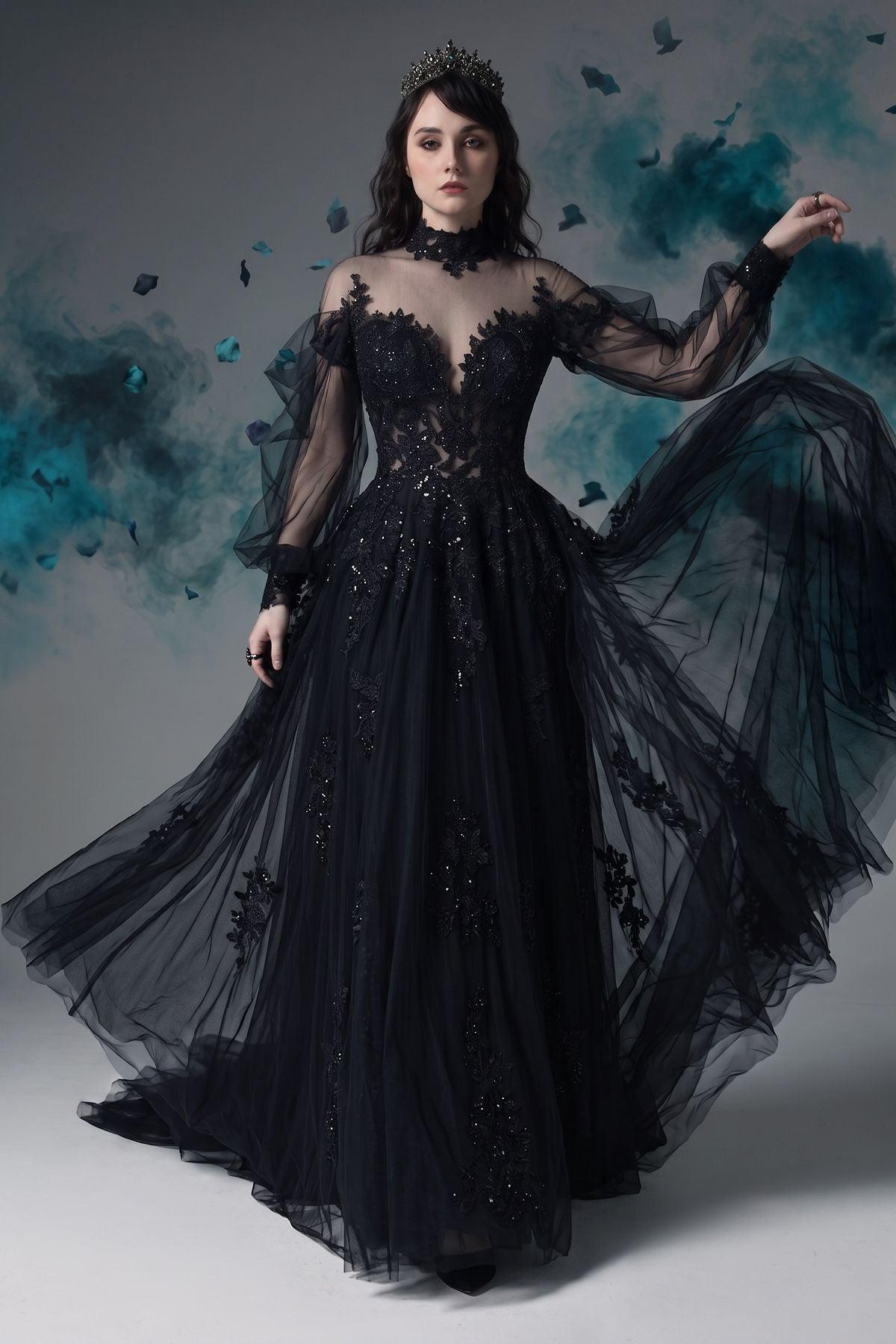 A-Line Court Train Lace Tulle Wedding Dress CW3156 - 35 Days / Black / US0-UK2-EUR30 - COCOMELODY