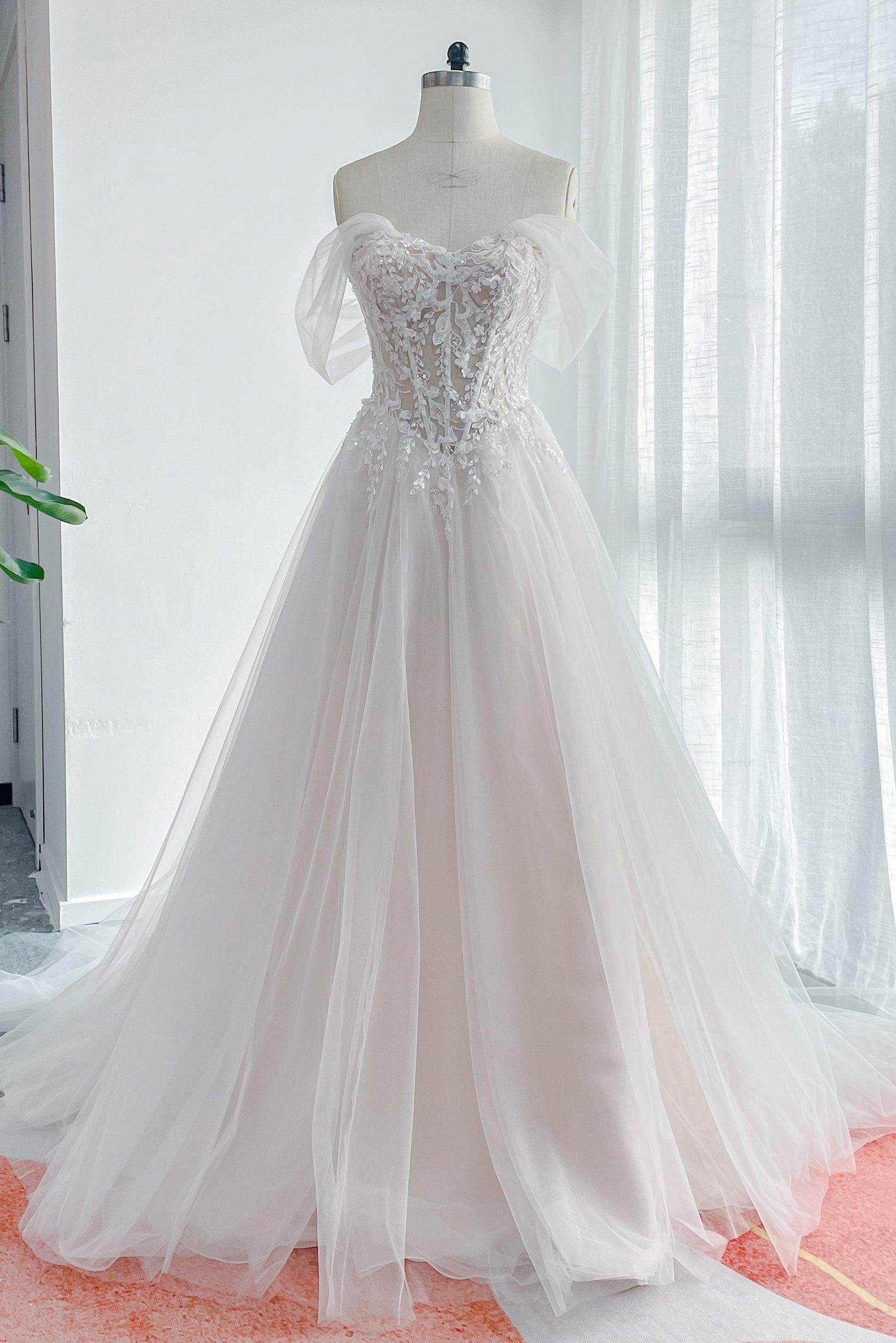A-Line Off The Shoulder Court Train Lace Tulle Wedding Dress COCOMELODY CW3158, 45 Days / As Picture:Ivory/Nude / US6-UK8-EUR36 A-Line Off The Shoulder Court Train Lace Tulle Wedding Dress COCOMELODY CW3158, 45 Days / As Picture:Ivory/Nude / US6-UK8-EUR36