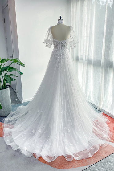 A-Line Court Train Lace Tulle Wedding Dress CW3161