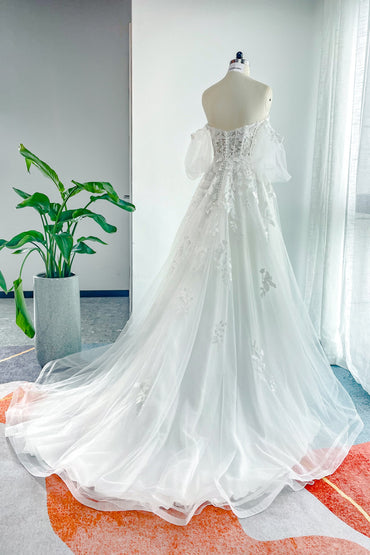 A-Line Court Train Lace Tulle Wedding Dress CW3162