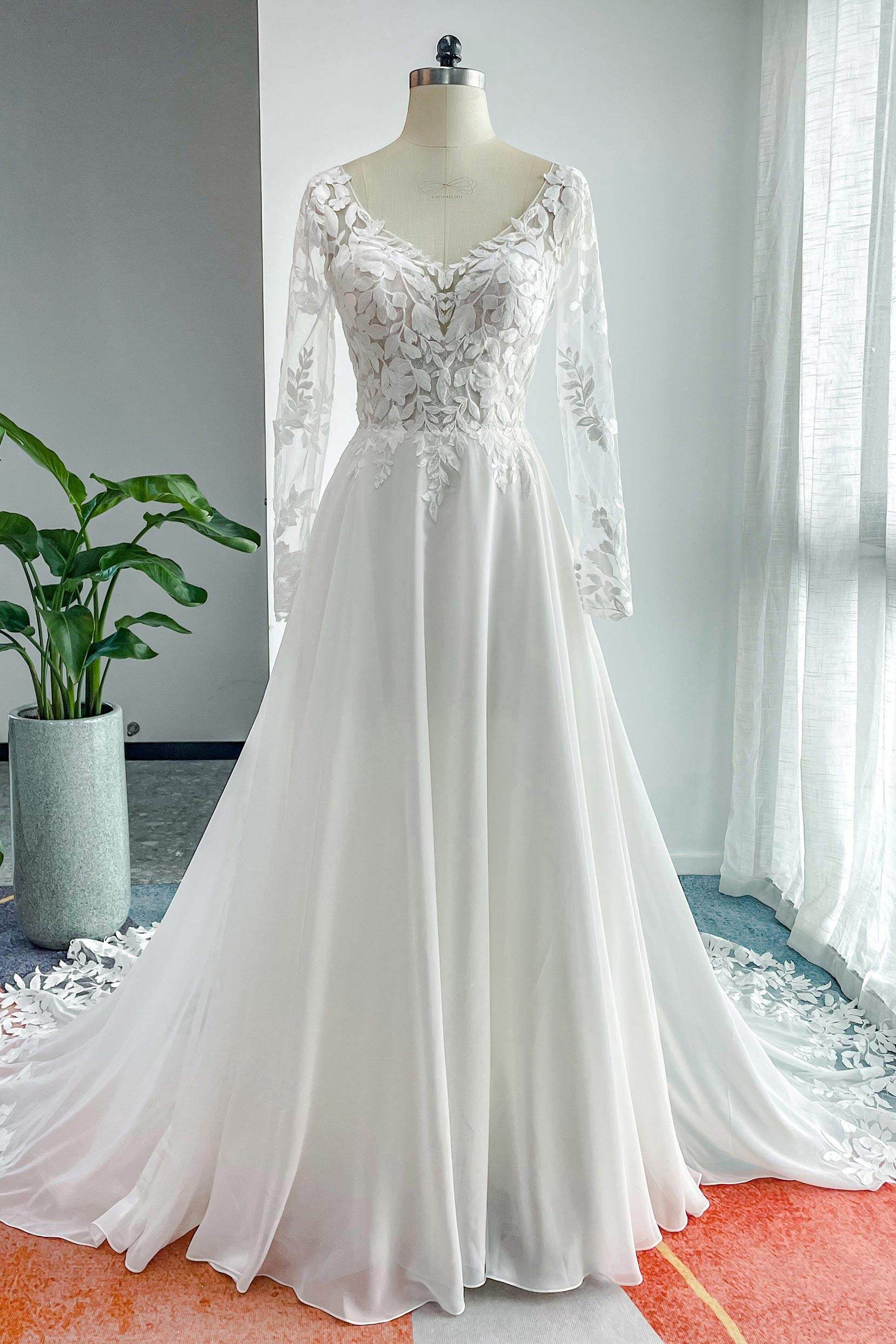 A-Line Court Train Lace Chiffon Wedding Dress CW3163 - COCOMELODY