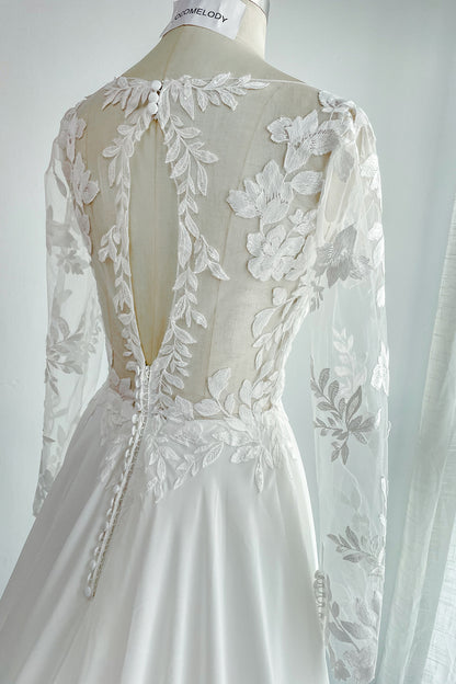 A-Line Court Train Lace Chiffon Wedding Dress CW3163